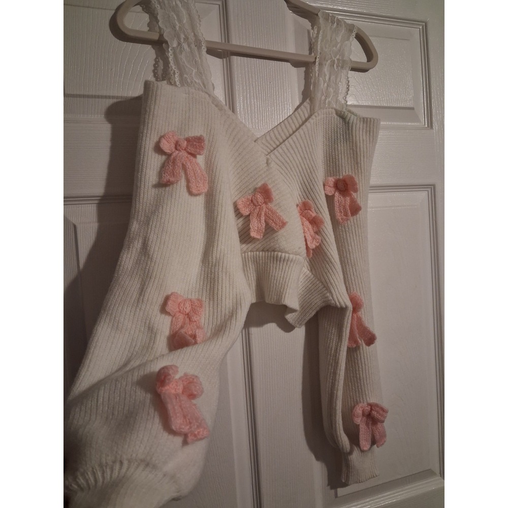 Pink Bow Lace Strap Ivory Knit Sweater Coquette Balletcore Fairycore Womens XL - Picture 2 of 9